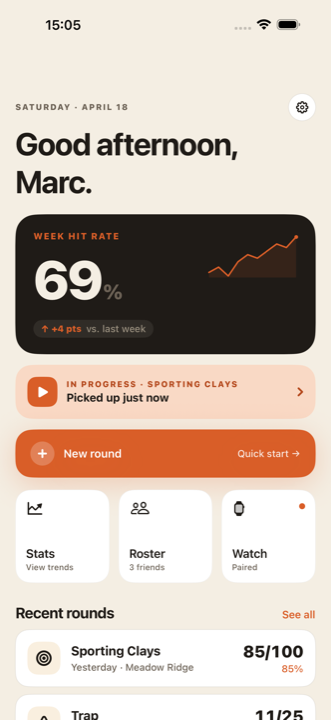 Clays home screen showing week hit rate and recent rounds
