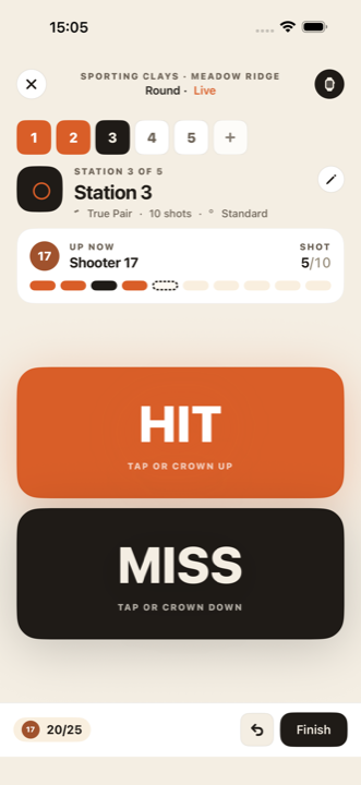 Clays scoring view with large HIT and MISS tap targets on station 3
